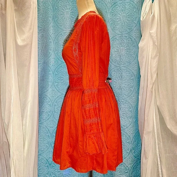 Free People Victorian Waisted Lace Inset and Embroidered Mini Dress Sz S/M - Picture 4 of 10